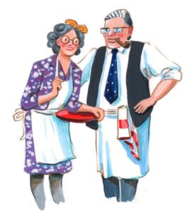 Marktmeister Hugo und seine Hermine , Karikatur Steinburger Abendmarkt